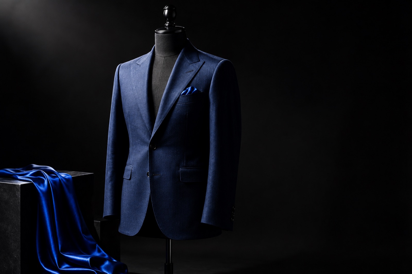 A navy peak lapel jacket with a blue pocket square on a black dress form, beside a dark plinth draped in blue satin