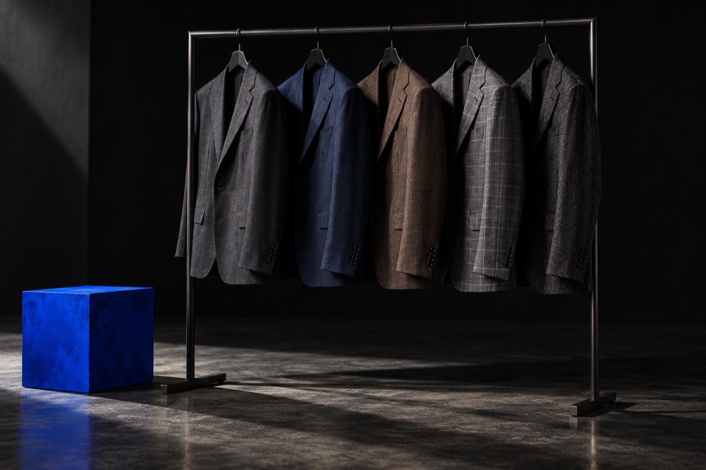 Five jackets on a black clothes rail in grey, navy, brown, grey windowpane check and charcoal herringbone, with a blue cube on the floor beside it